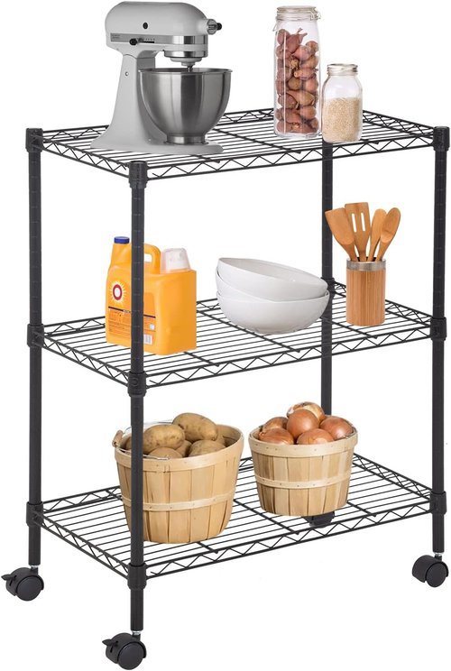 FDW Metal Storage Shelves - 3-Tier Wire Shelving Unit with Wheels | Compact 23L x 13W x 32H, Black