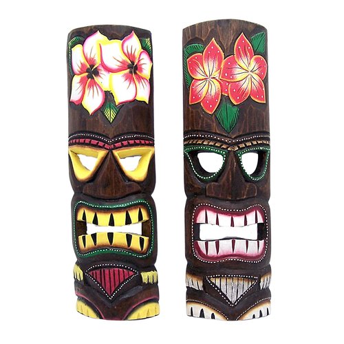 Wowser Hand Crafted Hawaiian Style Floral Tiki Masks, Wall Décor, Set of 2 Assorted Designs, Approximately19 Inches