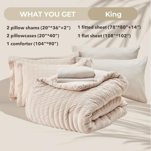 HYMOKEGE King Size Comforter Set - 7-Piece Seersucker Luxury Bedding Set in Beige | All-Season Comfort
