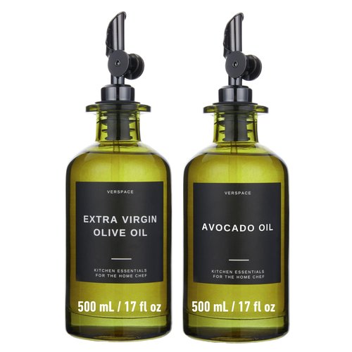 Verspace - Green Glass Olive Oil Dispenser Bottles For Kitchen, Avocado Oil Dispenser Set, Modern Decor, Gold Kitchen Accessories for Home, Airbnb, Cafe (Black, Set of 2)