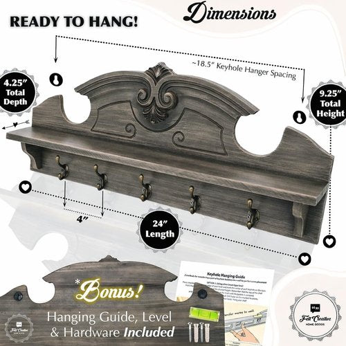 Felt Creative Home Goods Gorgeous 24" Farmhouse Coat Hanger Wall Mount with Shelf and Hooks for Entryway - Wall Mounted Rack for Hanging Coats, Jackets, Purses, Keys (Charcoal Brown-Gray)
