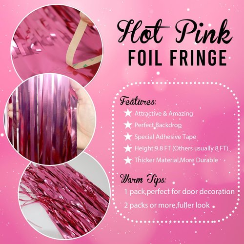 GOER Metallic Tinsel Foil Fringe Curtains - 3.2 ft x 8.2 ft Hot Pink Party Backdrop for Celebrations