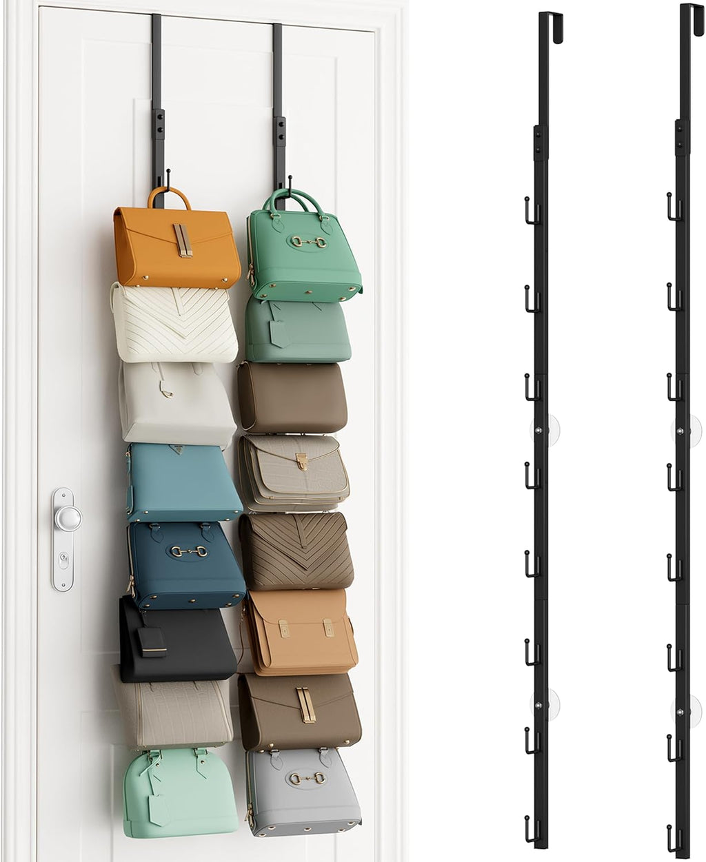 SWTYMIKI Over The Door Purse Organizer - Wall Mounted Rack with 8 Hooks for 16 Bags | Black
