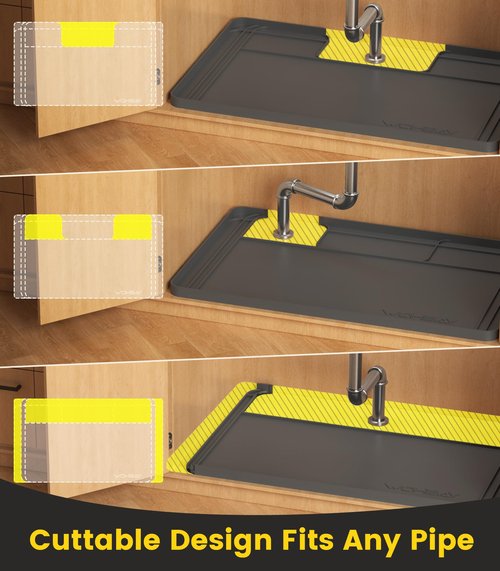 Under Sink Mats for Kitchen Waterproof, 34" X 22" Or Smaller Cut to Fit Under Sink Drip Tray for Kitchen Bathroom Cabinets, Silicone Liner Hold Up to 3.3 Gallons Liquid - Grey