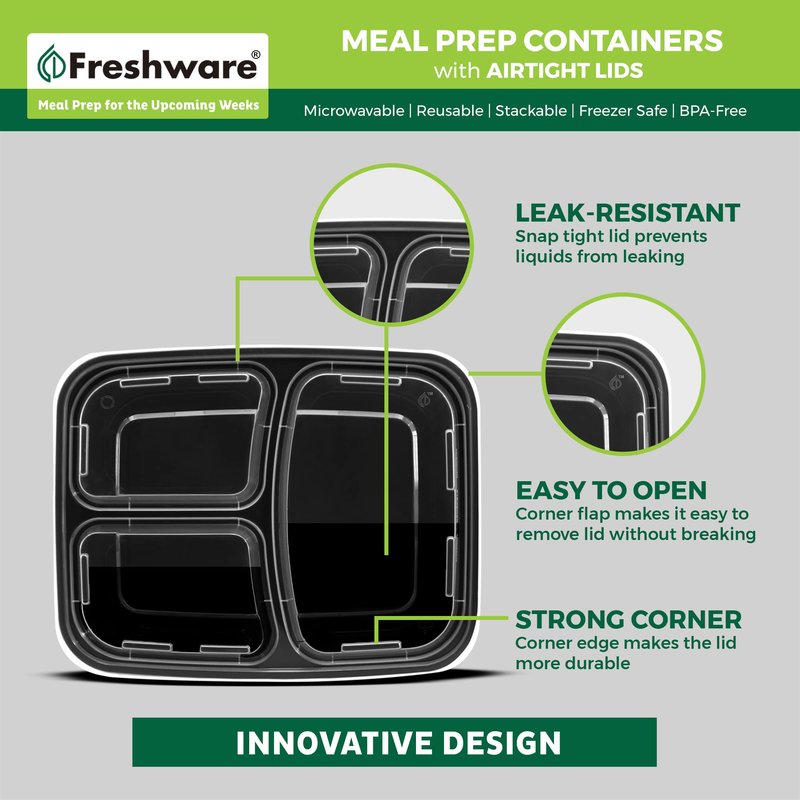 Freshware Bento Box Meal Prep Containers, 3-Compartment, 32 ounce, 15-Pack