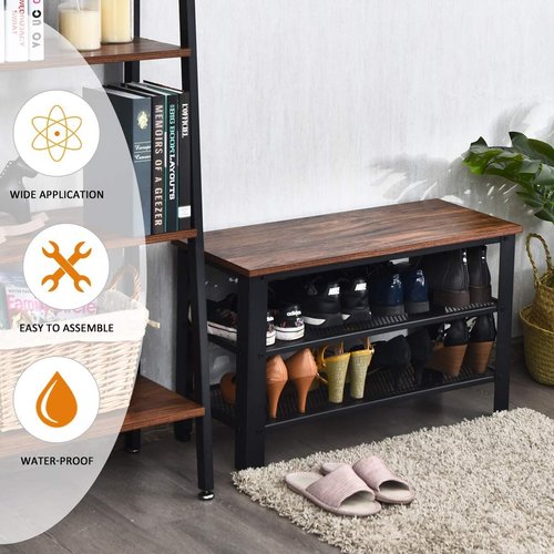 FANTASK Vintage Industrial Style Shoe Storage Bench Rack with 2 Mesh Shelves, Rustic Brown