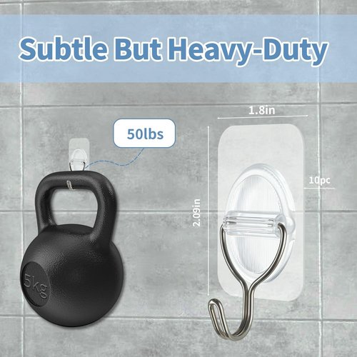 Adhesive Wall Hooks by [Brand Name] - No Damage, Heavy Duty 5KG, Waterproof, 10 Pack | Transparent Stainless Steel (3.5x5.3cm) for Kitchen, Bathroom, Office