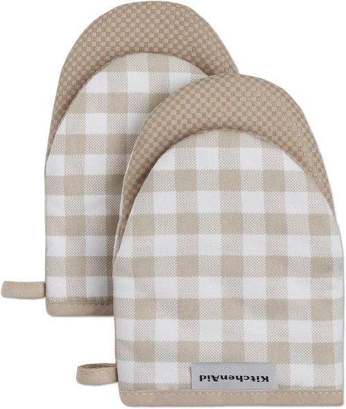 KitchenAid Mini Oven Mitts - Gingham 2-Pack Set in Milkshake Tan, 5.5"x8" for Easy Handling