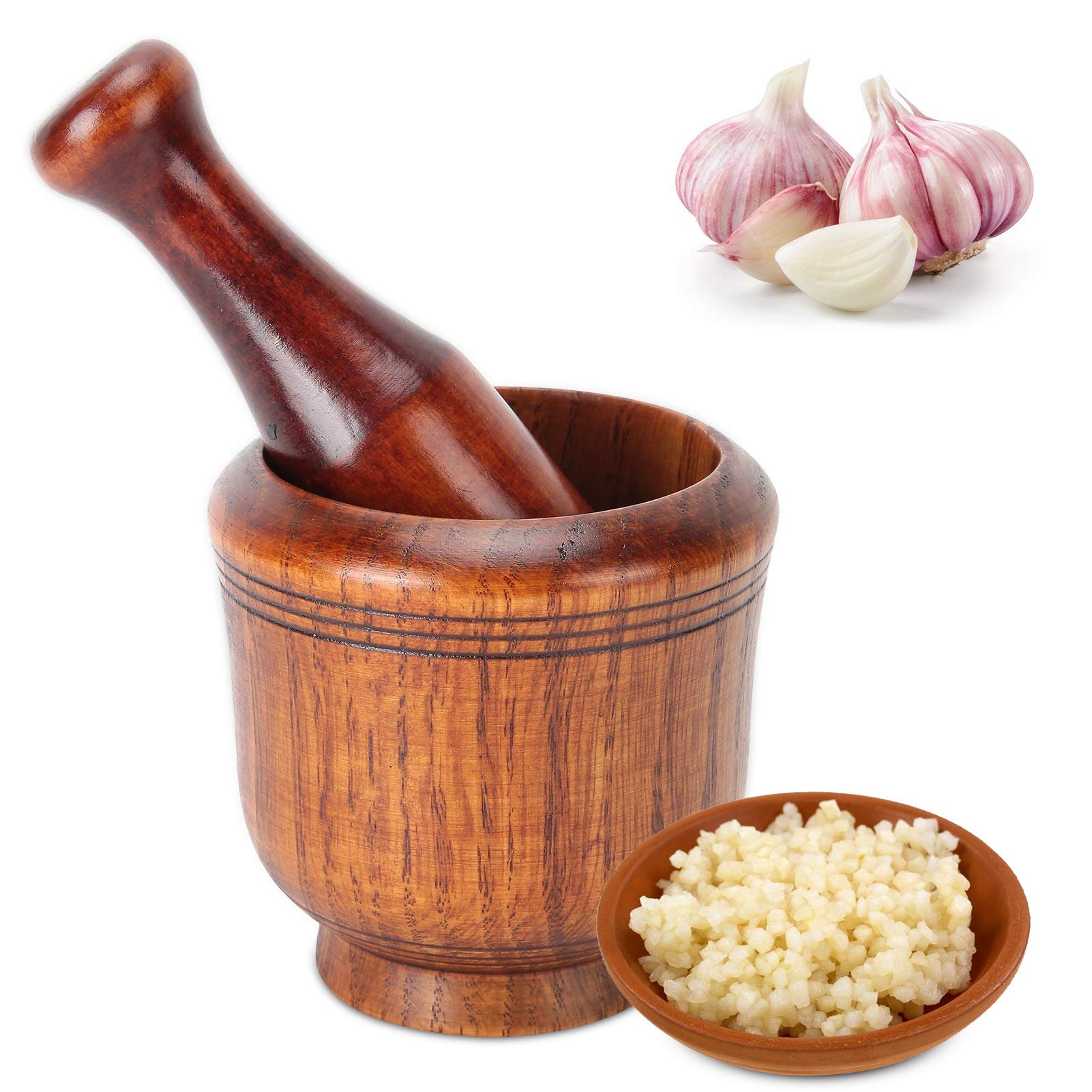 9.2oz Mortar and Pestle Set,Wooden Grinding Bowl,Household Kitchen Manual Garlic Ginger Spices Grinder Crusher Make Fresh Guacamole Salsa Pesto Stone Grinder Bowl