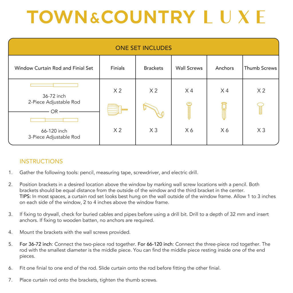 TOWN & COUNTRY LUXE Marbled Flute Single Indoor Curtain Rod and Finial Set, Natural Marble Stone Look, Easy Install Wall Mount, Matte Gold, Adjustable 66”-120”