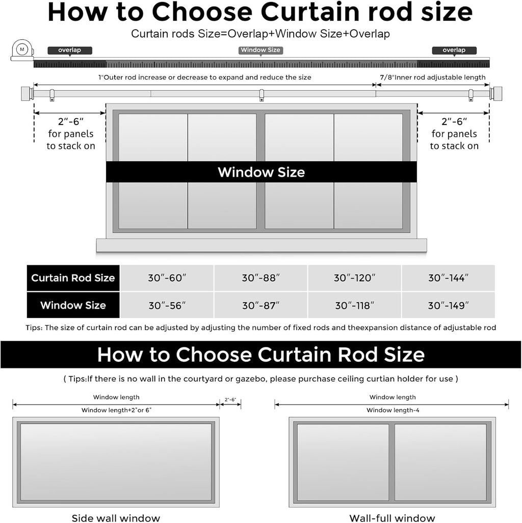 VOIIY Heavy Duty Curtain Rods - Adjustable 66 to 120 Inch, Black 1'' Diameter with Modern End Caps