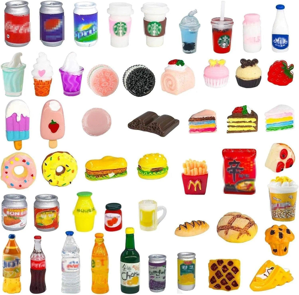Skiennix Miniature Food & Drink Bottles - 50 Pcs for Dollhouse Play | Includes Soda Cans & Desserts