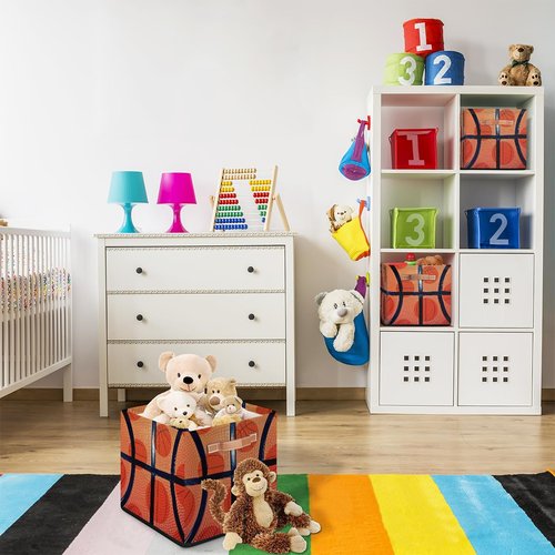OMFUNS Sport Basketball Storage Basket 13x13 Ball Theme Collapsible Cube Storage Bin with Handle Fabric Storage Box Organizing for Closet Shelf Home Office Dorm Nursery Toy Basket