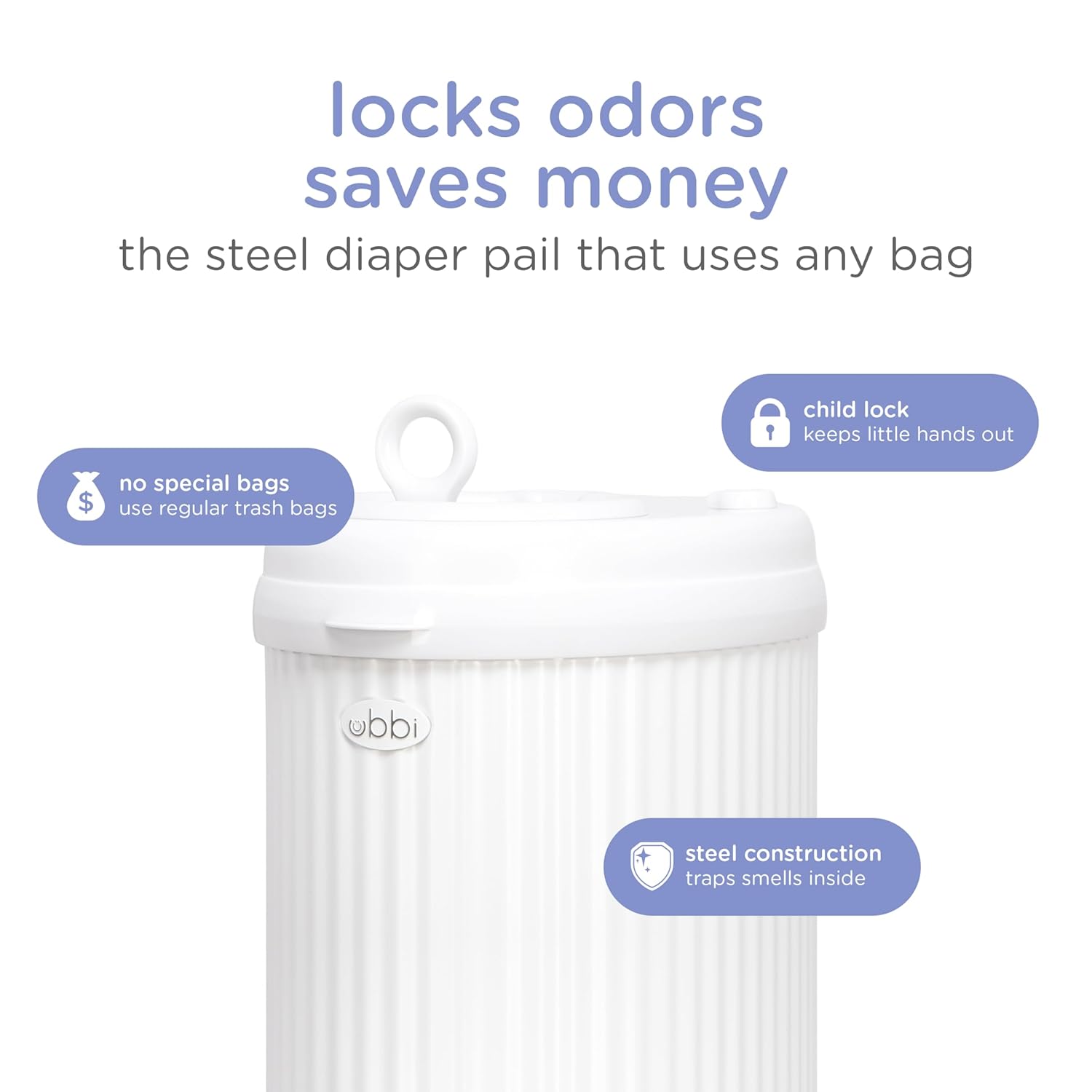 Ubbi Fluted Stainless Steel Diaper Pail - Odor Locking Design, No Special Bags Needed | White