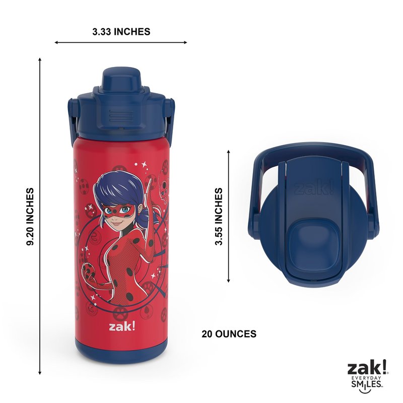 Zak Designs Beacon Insulated Bottle, Miraculous Ladybug 20oz Durable Stainless Steel Double Wall Vacuum Insulation, Silicone Spout & Push-Button, Leak Proof Lid Dishwasher Safe