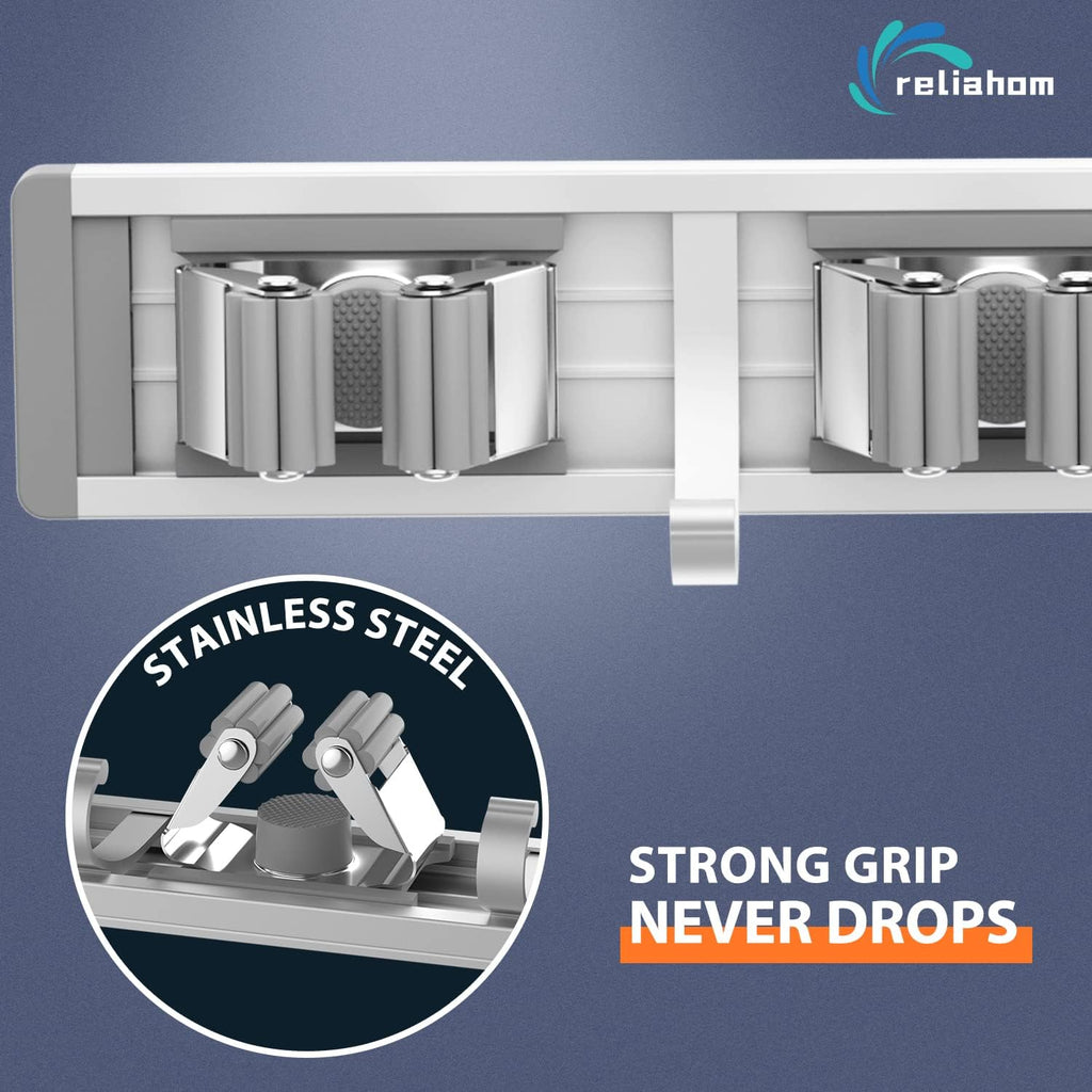 Reliahom Broom Holder Wall Mount - 5 Racks & 4 Hooks for Garage, Kitchen, Garden, Laundry Room Storage