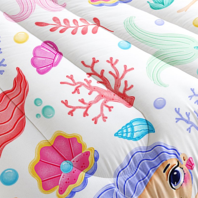 XYNHML Mermaid Comforter Set Twin Size Fairy Tale Sea Shell Grass Bedding Set Starfish Quilt Bed Set for Kid Girls with 1 Comforter and 2 Pillowcases