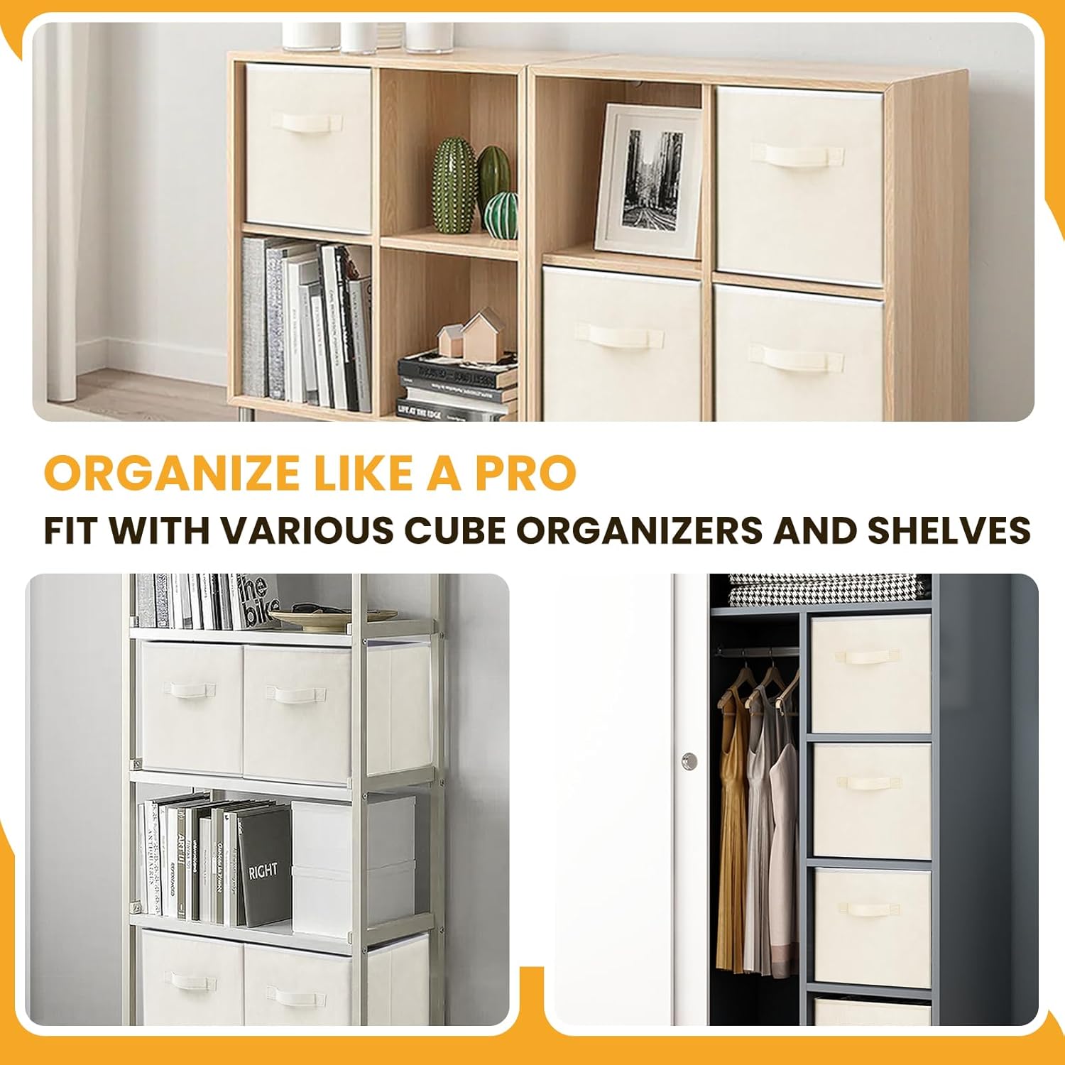 Criusia Large Storage Cubes - 13 Inch Collapsible Storage Bins with Handles for Organizing Clothes, Blankets, Toys | 10 Pack in Beige