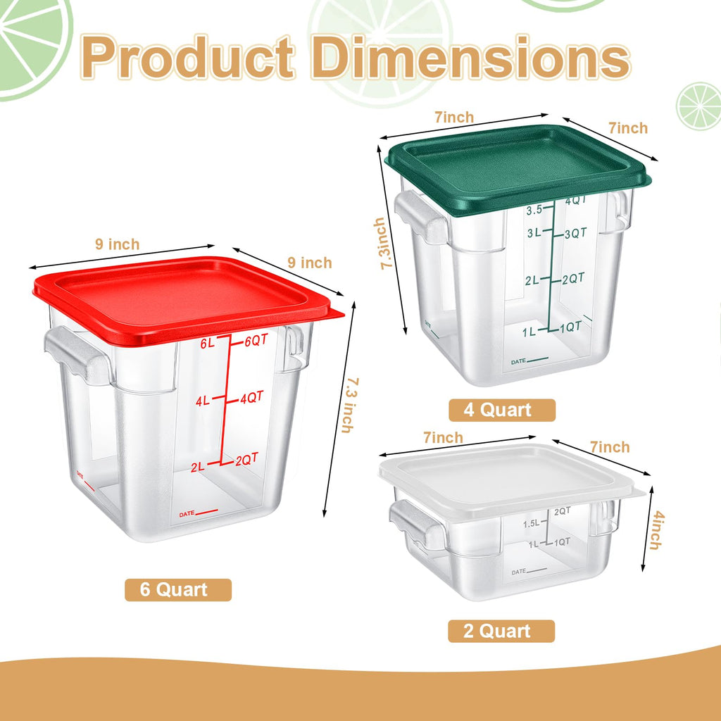 Tioncy 6 Pcs Food Storage Container with Lids Set 2 Qt 4 Qt 6 Qt Square Clear Commercial Containers with Scales Handles for Home Restaurant Kitchen Food Storage Proof Dough Marinating Meat