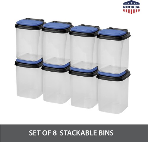 Buddeez Multi-Purpose Storage Bins - Clear Organizers with Blue Stackable Lids | 1 Quart, 8 Pack