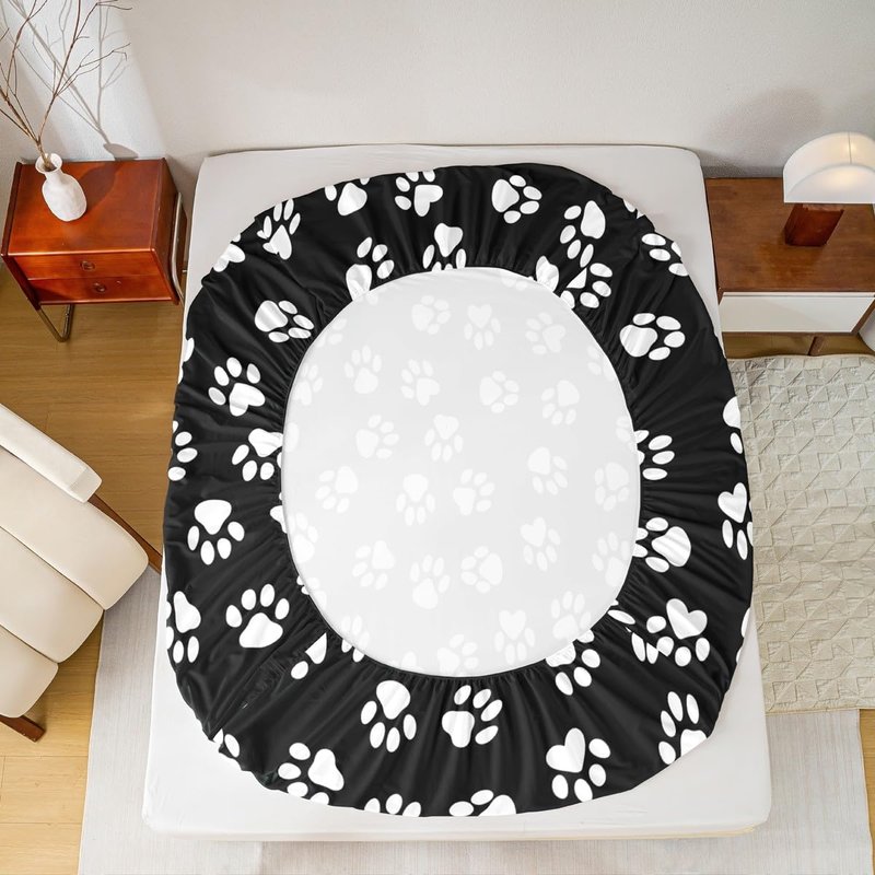 Homewish Dog Paw Print Kids Sheet Queen Size,Kawaii Pet Bedding Set,Boys Girls Adults Bedroom/Xmas/Halloween Decor,Cartoon Animal Black White Simple Bed Sheet Set 4pcs(Fitted + Flat + 2 Pillowcases)