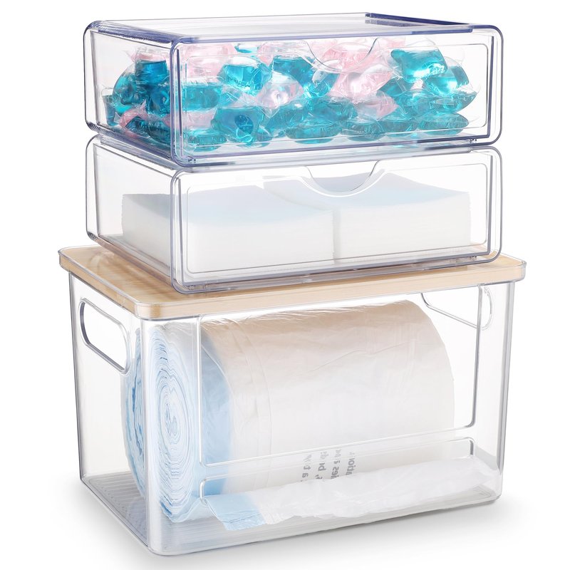 YAFFWA 3Pcs Extra Large Laundry Room Organization and Storage, Stackable Storage Drawers, Trash Bag Holder Under Sink, Garbage Bag Dispenser Roll Holder for Vanity, Bathroom,Cabinet,Desk Organization