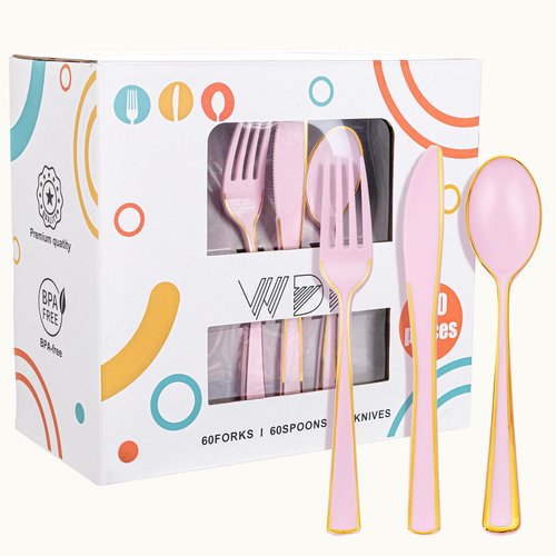 WDF 180 Pieces Pink Plastic Silverware with Gold -Pink Plastic Utensils Set - 60 Guest Cutlery Disposable for Birthday/Party/Wedding/Valentine's Day