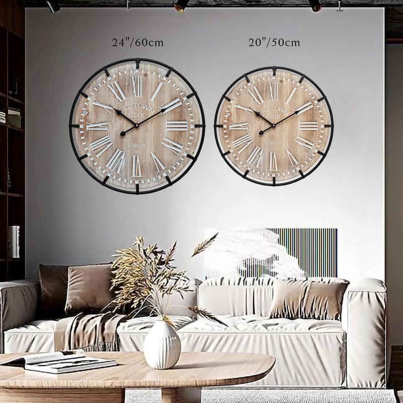 MICWIC 24 Inch Grand Farmhouse Wall Clock, Vintage-Inspired Wood & Metal Design with Large Etched Numbers, Silent Battery-Powered Timepiece for Offices, Kitchens, Bedrooms, and Living Rooms