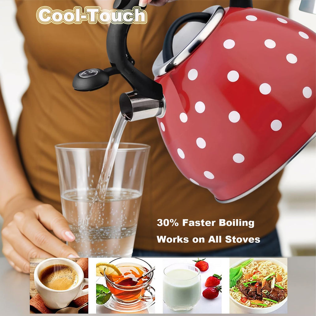 Tea Kettle Stovetop, Whistling Teapot 304 Stainless Steel 3.2 Quart Teakettle, Polka Dot Teapots for Stove Top, Whistle Tea Pot with Cool Touch Ergonomic Handle (Red, 3.2 Quarts)