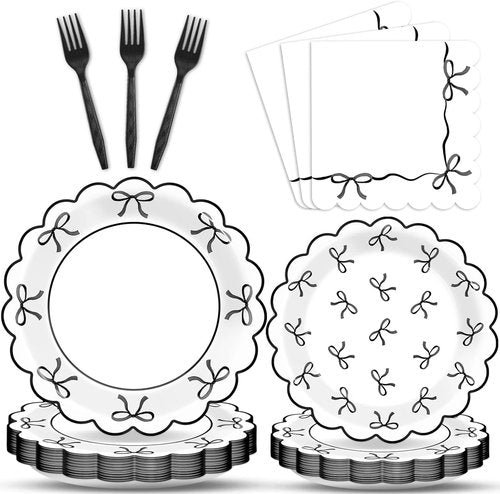 Bowtique 96-Piece Black & White Bow Party Decorations | Elegant Tableware for 24 Guests