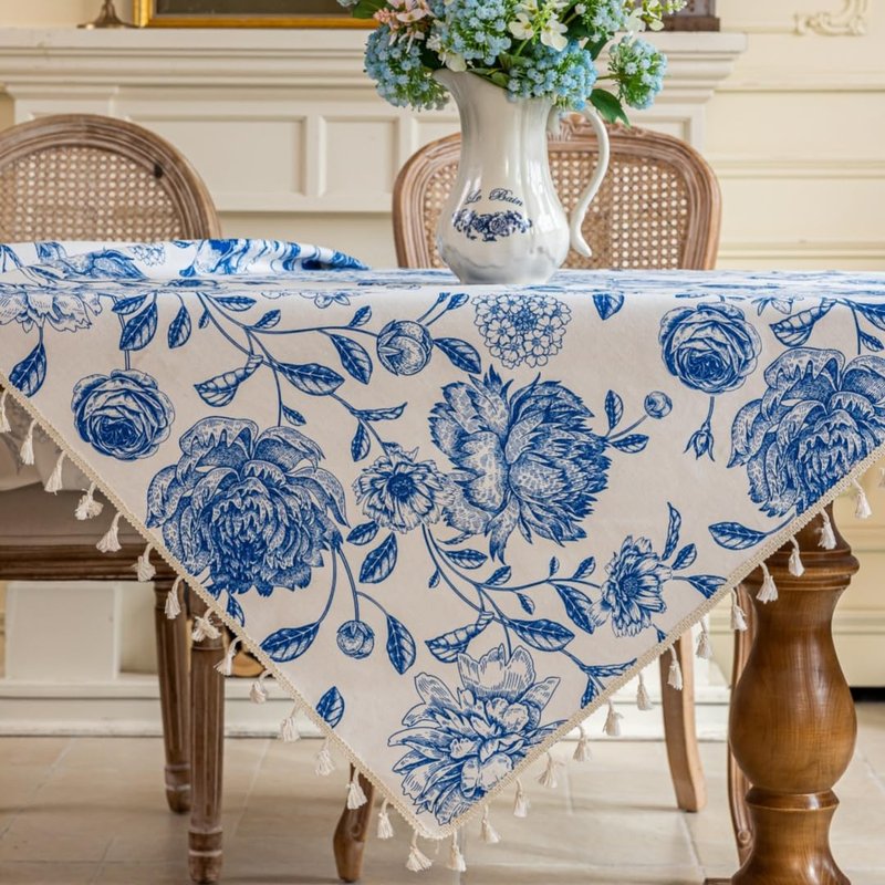 F-CHU Blue Floral Tablecloth Square Cotton Linen Table Cloth with Tassels for Restaurant, Picnic, Indoor and Table Cover Home Decoration 60x60-Inch
