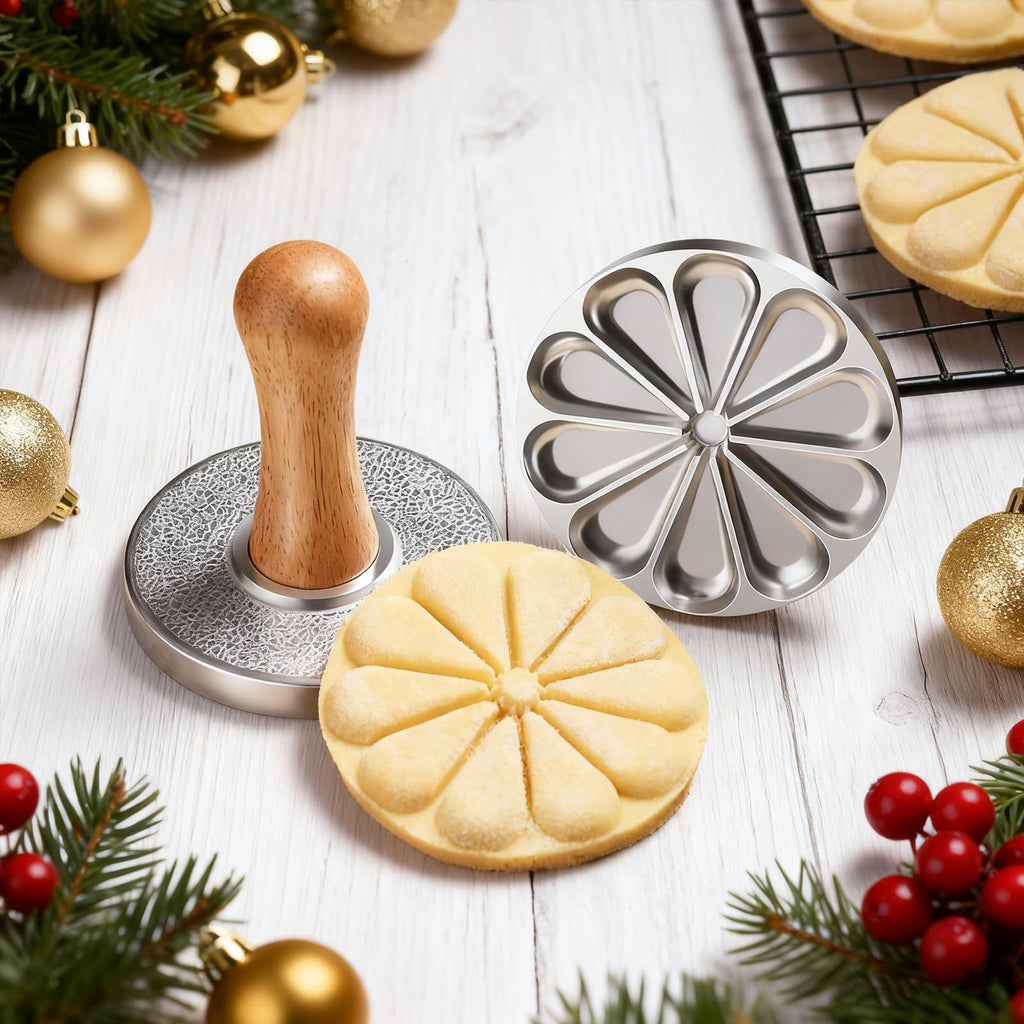 OPPEIN Cookie Stamps Set of 3, Metal Christmas Cookies Press Cutter Mold with Wooden Handle, Cookie Decorating Supplies for DIY Baking, Cake, Pastry,Christmas