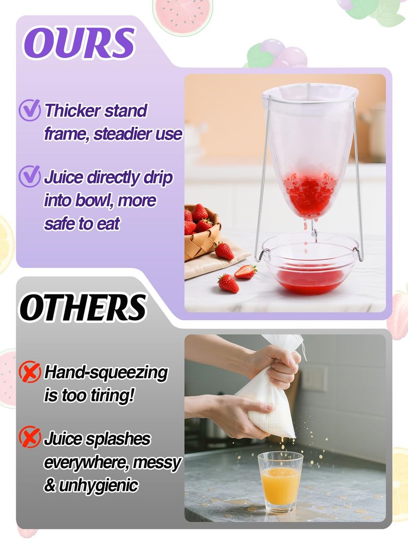 Stable Jelly Strainer Stand with 3 Strainer Bags - Reusable Mesh Filter Bags & Stainless Steel Sieve Stand Kit for Straining Nut Milk Cheese Juice Greek Yogurt, 1 Set