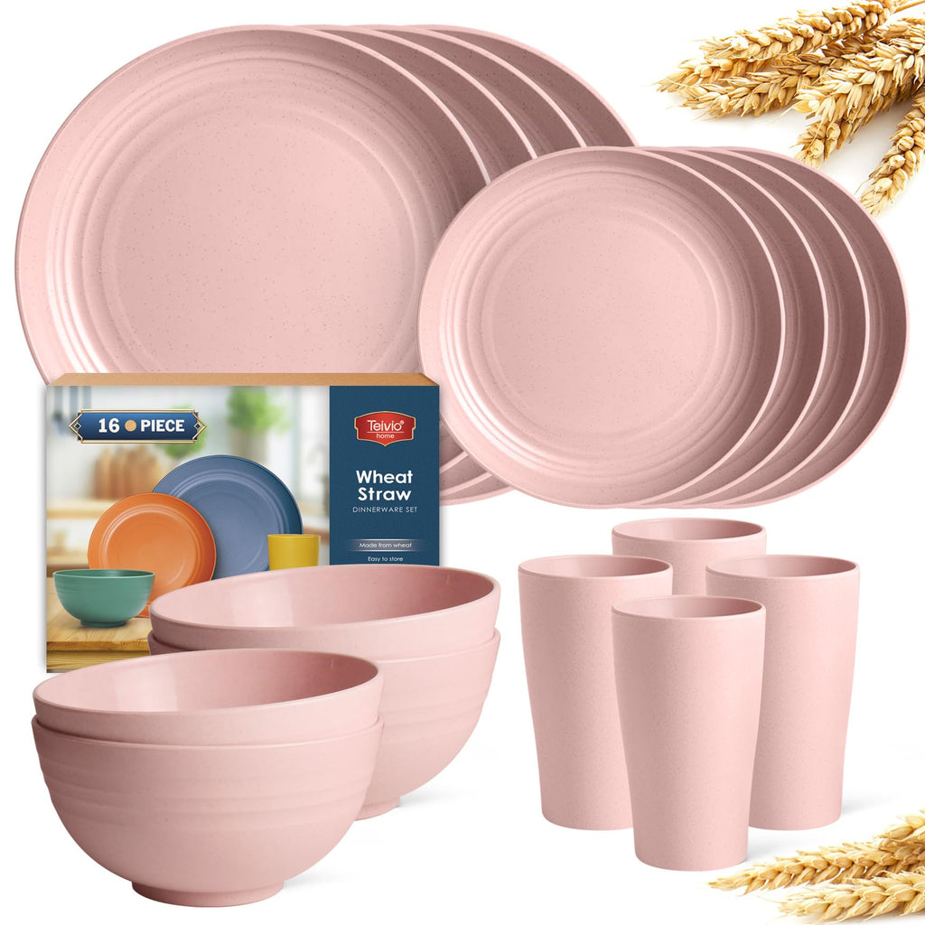 Teivio 16-Piece Kitchen Plastic Wheat Straw Dinnerware Set, Service for 4, Dinner Plates, Dessert Plate, Cereal Bowls, Cups, Unbreakable Plastic Outdoor Camping Dishes,Pink