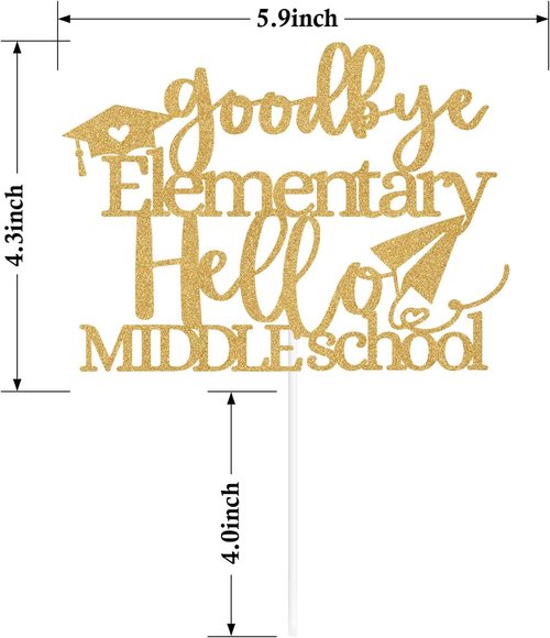 Goodbye Elementary Cake Topper - 5th Grade Graduation Decor for Middle School | Gold Glitter Design