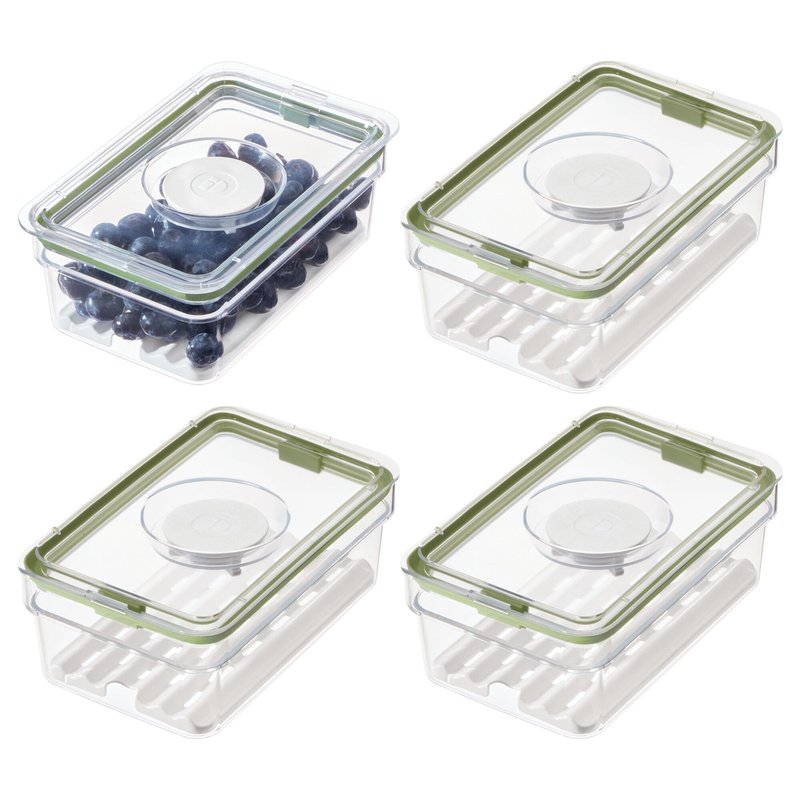 iDesign Medium Fridge Produce Bin with Removable Drainage Tray and Lid - Set of 4 - Clear