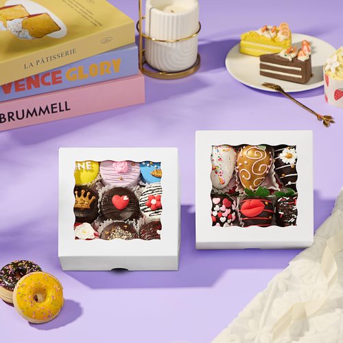 RomanticBaking 51PCS 5x5x2 Inch Bakery Boxes,Cookie Boxes with Window, Pastry Boxes for Macaroon Dessert Cupcake Donut Pastry Muffins