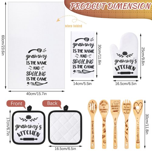 Leyndo 10 Pcs Christmas Grammy Kitchen Gifts Set Include Apron Tea Towel Tea Spoon Pot Holder Oven Mitt Bamboo Kitchen Cooking Spatula Baking