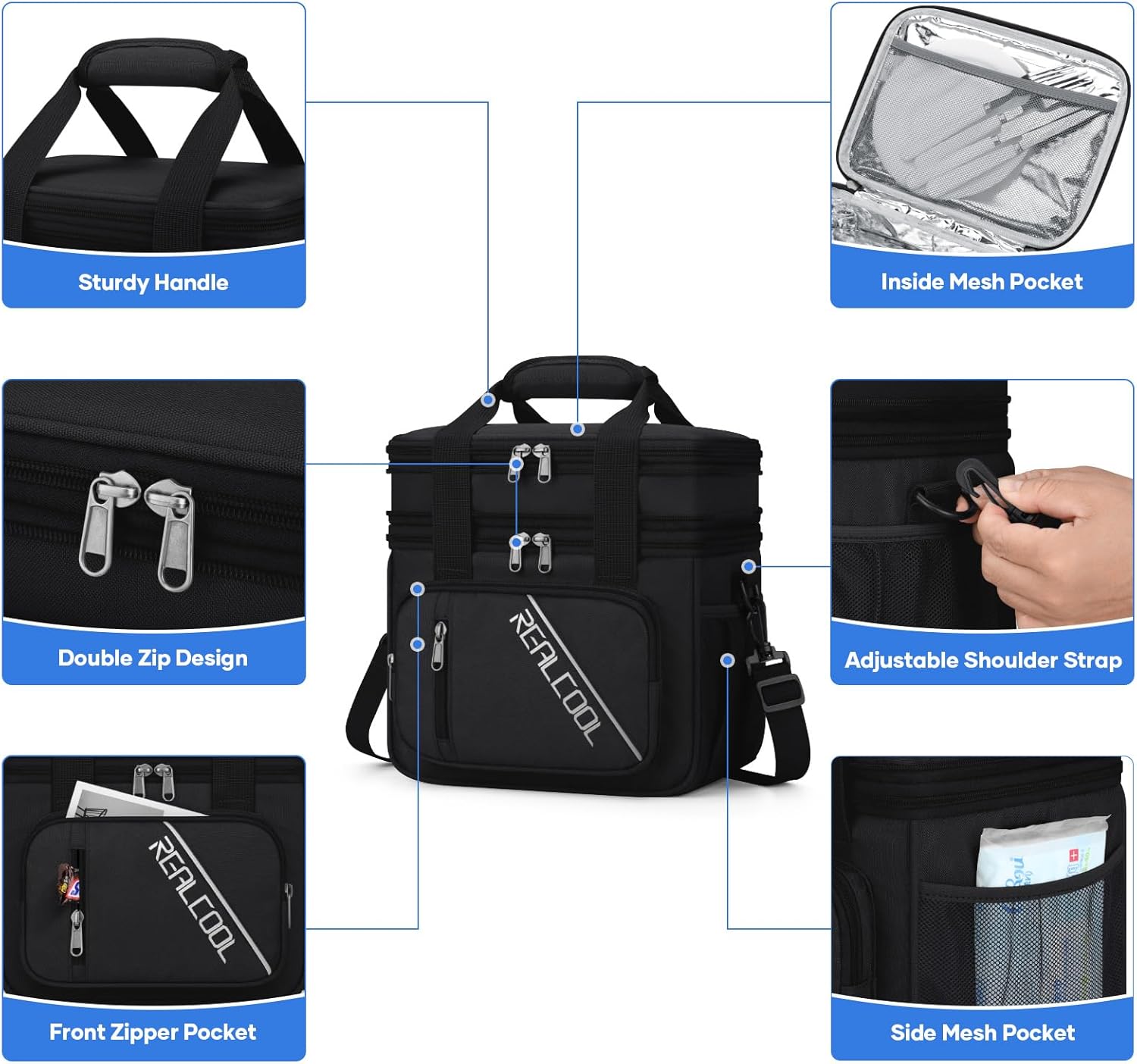 RealCool Insulated Lunch Bag - Double Deck Leakproof Soft Cooler for Work & Travel | Black