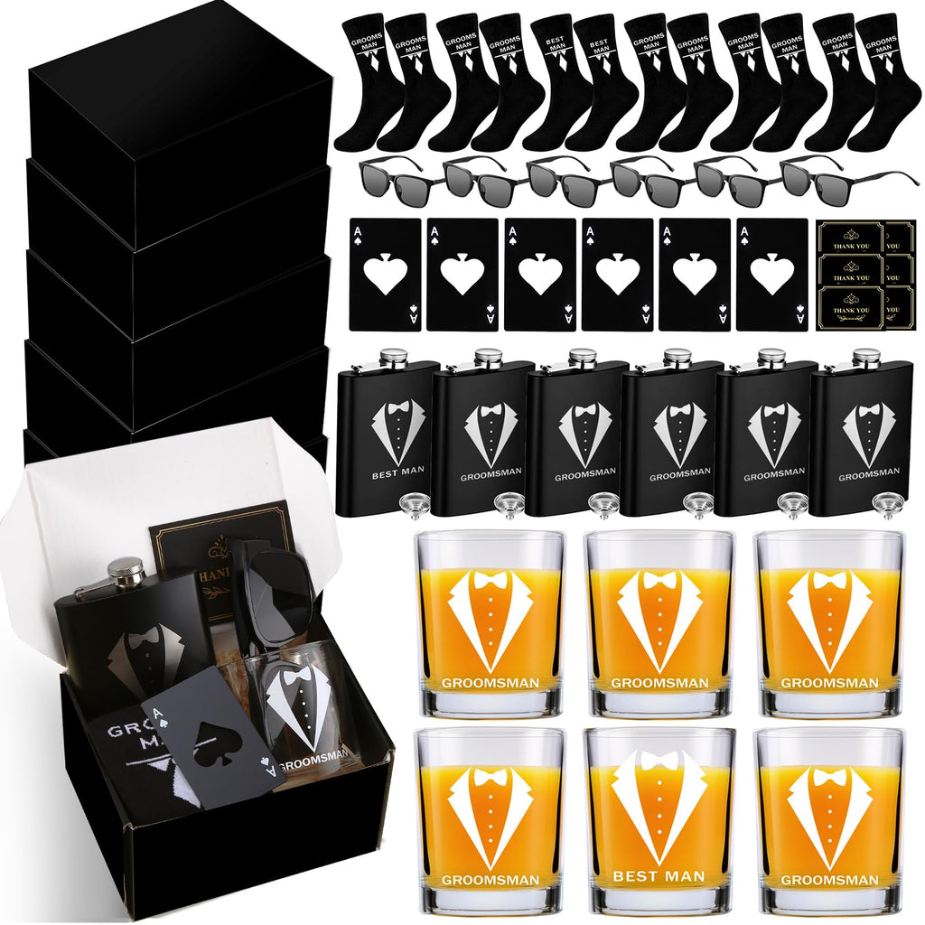 DHQH 42PCS Groomsmen Proposal Gift Box with Wine Glass Sunglasses Socks Bottle Opener Groomsmen Gifts for Wedding Groomsman Best Man Gift (Black)