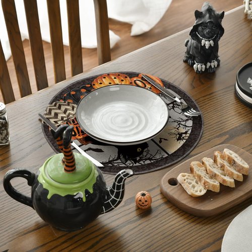 Artoid Mode Window Cat Halloween Round Placemats Set of 4, 14 Inch Table Mats for Party Kitchen Dining