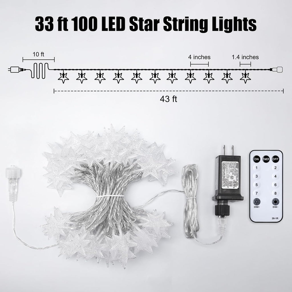 Star String Lights - 33 ft 100 LED Waterproof Fairy Lights with Remote & Timer | Perfect for Bedroom, Patio, and Parties