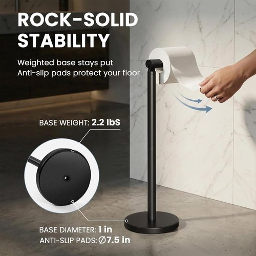 Cesun Toilet Paper Holder - Free Standing Matte Black Design with Heavy Weighted Base & Non-Slip Feature