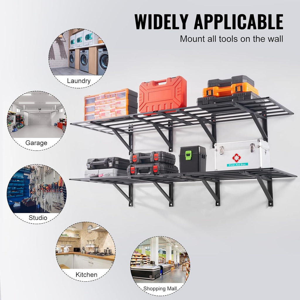 VEVOR Heavy Duty Garage Shelving - Wall Mounted 2 x 6 ft Storage Rack | 1600 lbs Load Capacity, 2 Pack