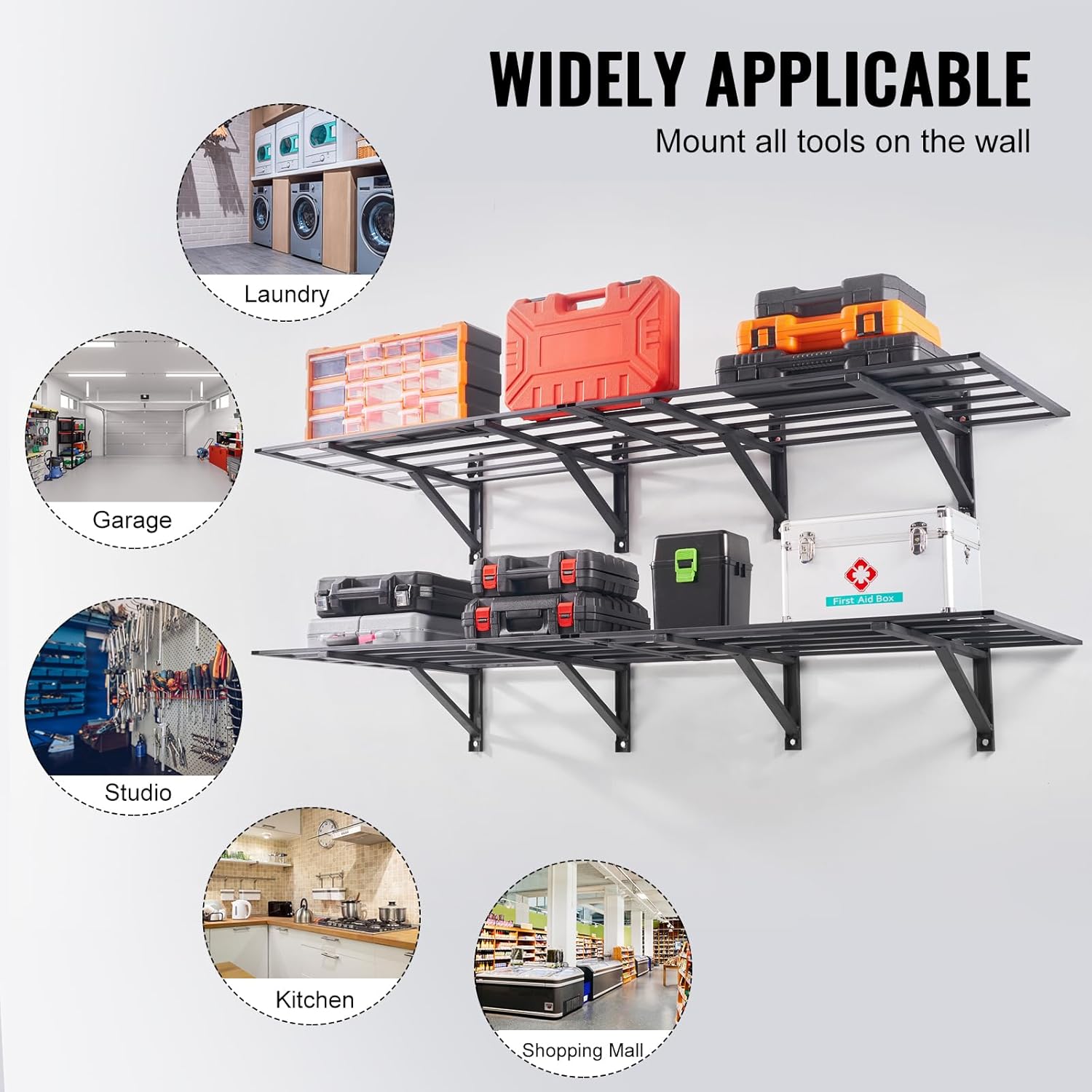 VEVOR Heavy Duty Garage Shelving - Wall Mounted 2 x 6 ft Storage Rack | 1600 lbs Load Capacity, 2 Pack