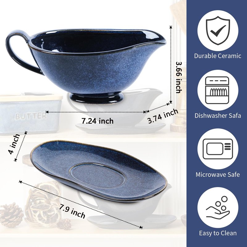 Vicrays Gravy Boat with Saucer - Large 17oz Ceramic Sauce Boat with Tray Set of 2 for Turkey Salad Dressings Creamer Milk Broth - Thanksgiving Christmas Holiday Serving Dishes - Blue