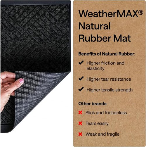 GORILLA GRIP Waterproof All-Season Doormat - Natural Rubber, Stain & Fade Resistant, 29x17, Black Diamond