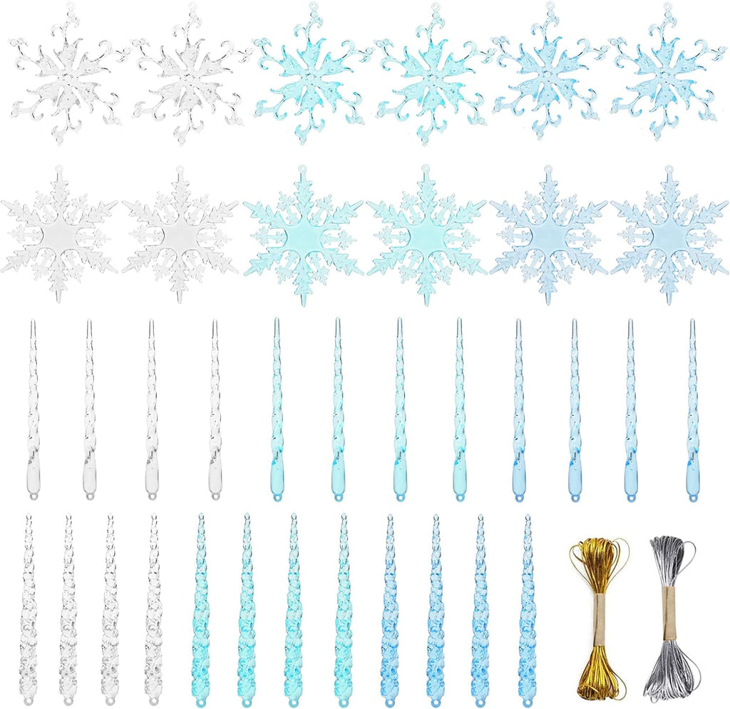 VGOODALL Clear Snowflake & Icicle Ornaments - 36PCS Acrylic Christmas Tree Decorations | Gold & Silver Strings