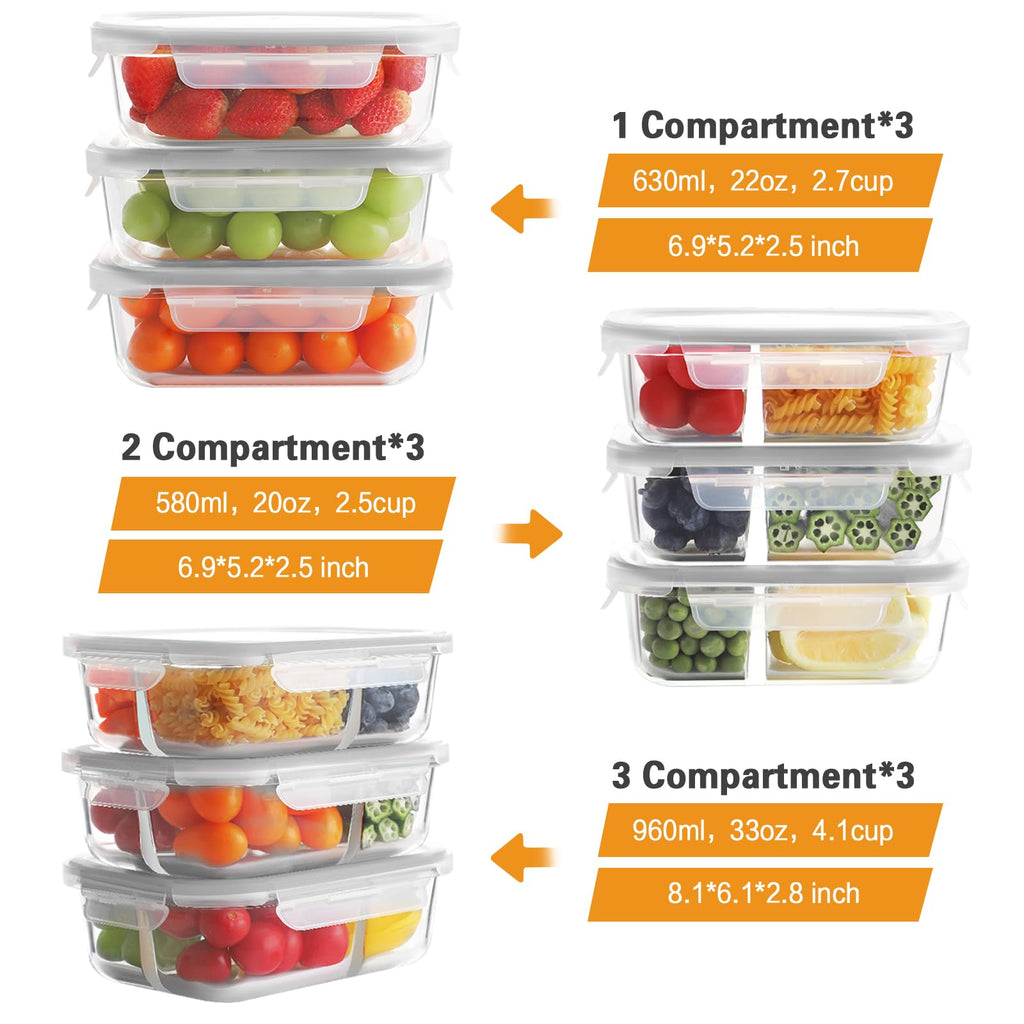 Bayco 9 Pack Glass Meal Prep Containers - 3, 2 & 1 Compartment Glass Food Storage Containers with Lids, Airtight & Leak Proof Lunch Bento Boxes - Grey