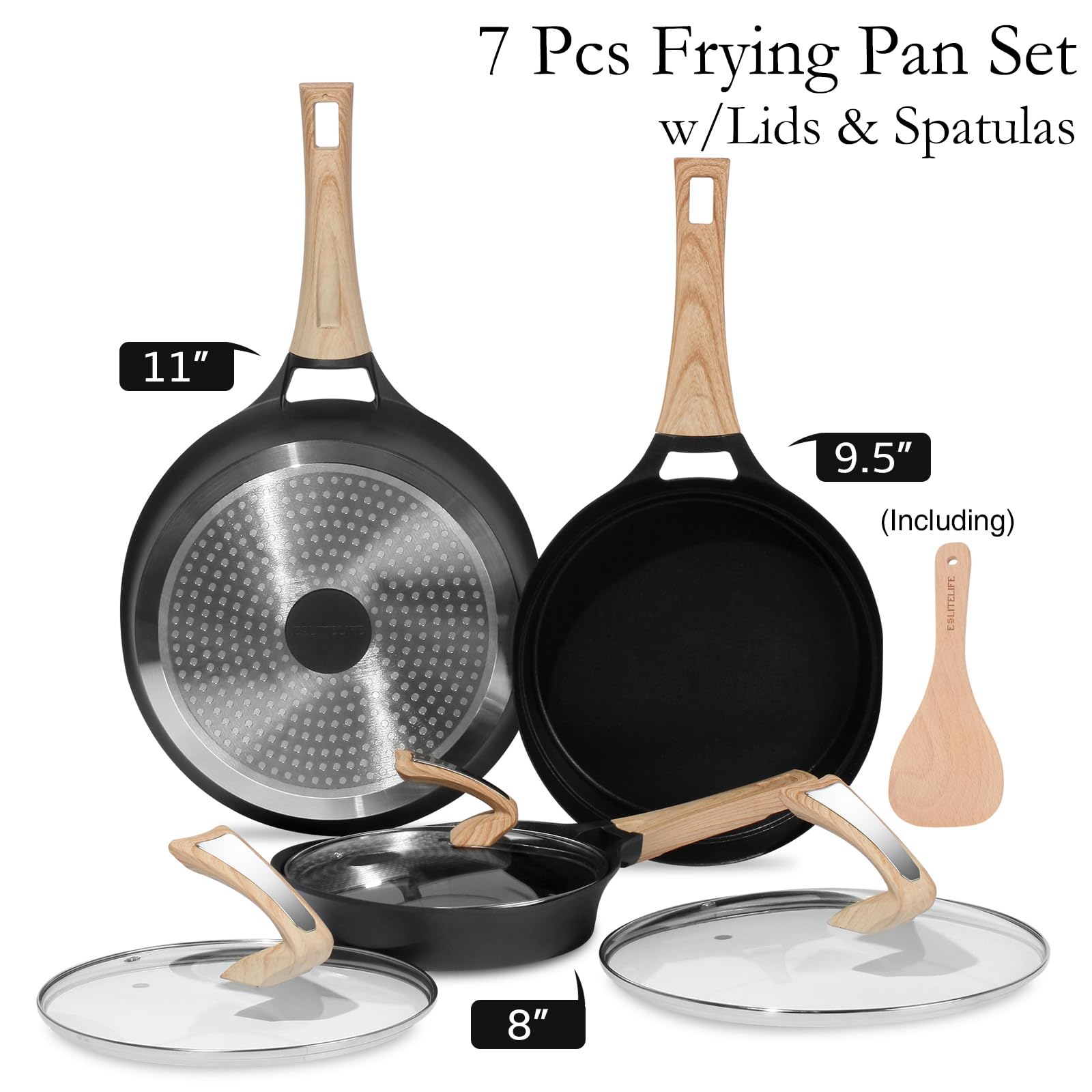ESLITE LIFE Nonstick Deep Frying Pan Skillet Set with Lids, Healthy Granite Coating Egg Omelette Pan Stone Cookware Chef's Pan, PFOA Free(Black, 7-Piece)